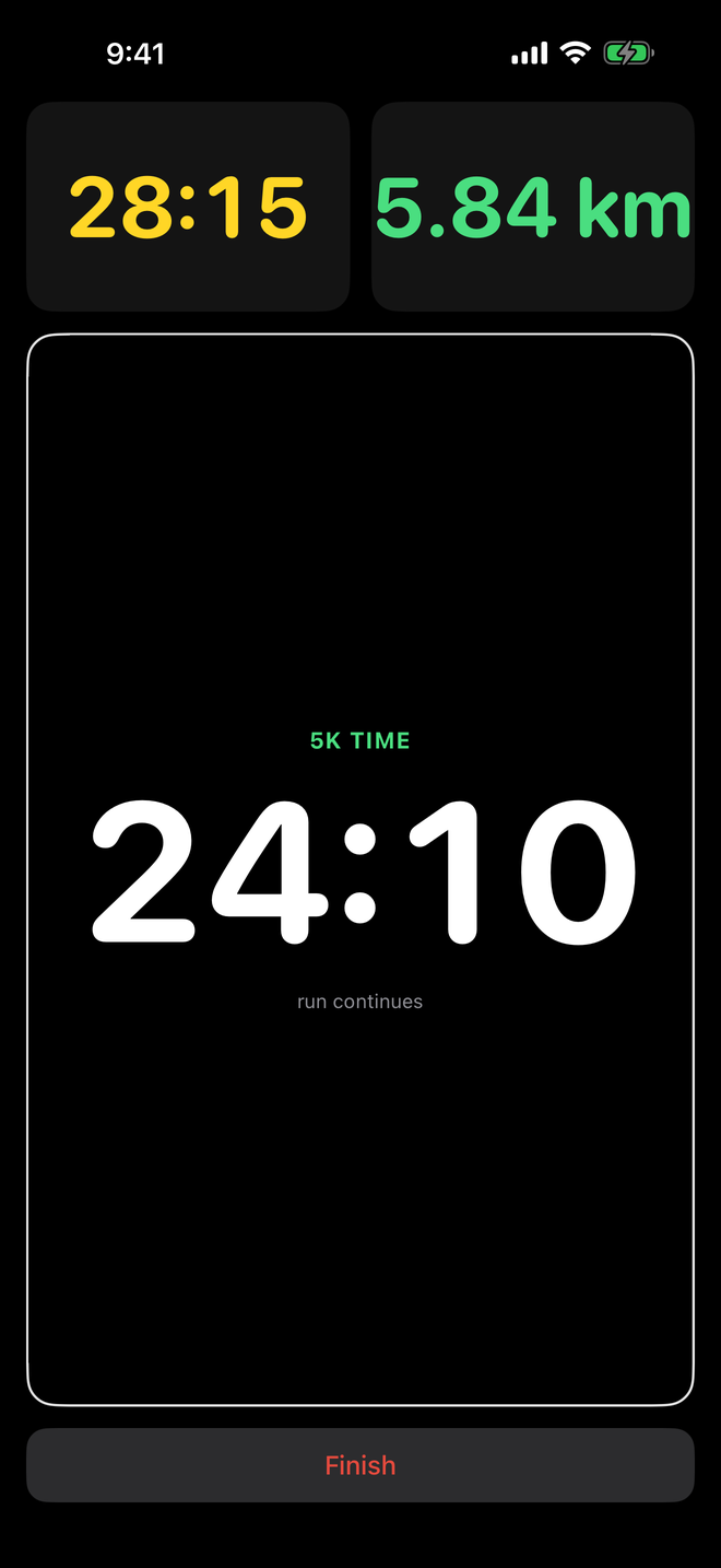 The 5 km time locking in while the run continues