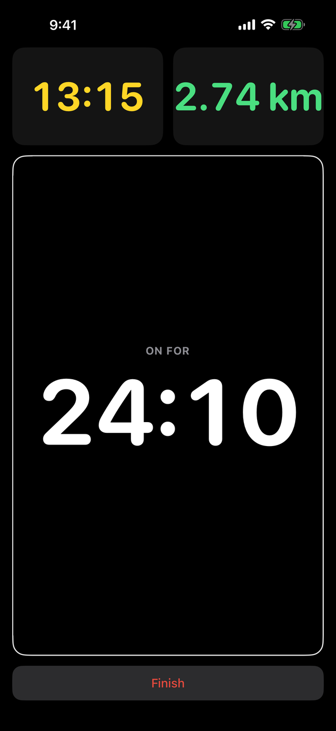 The run screen showing the time you are on for